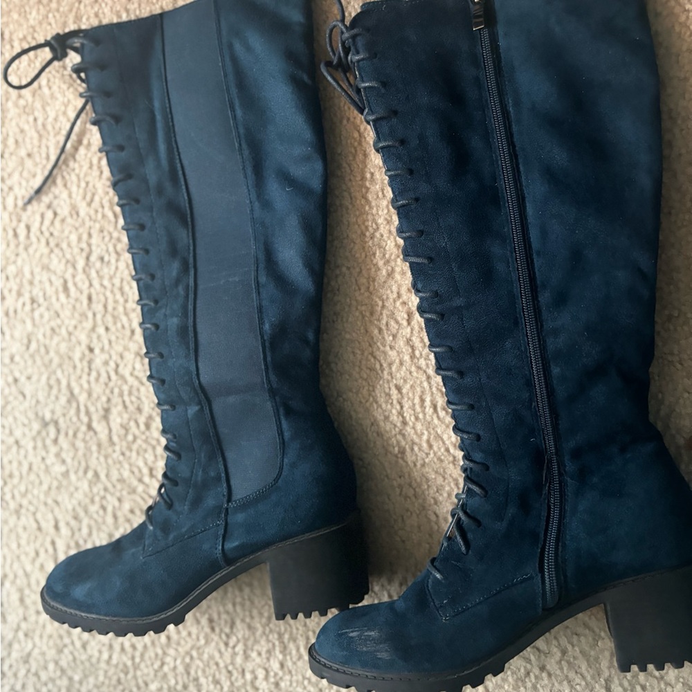 Journee Navy Blue Lace-Up Knee-High Boots